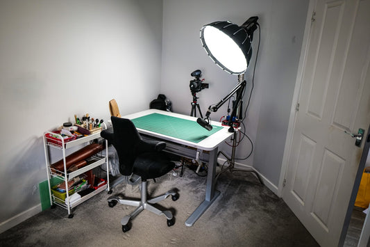 A bright, organized crafting workspace with tools and materials ready for a sublimation project