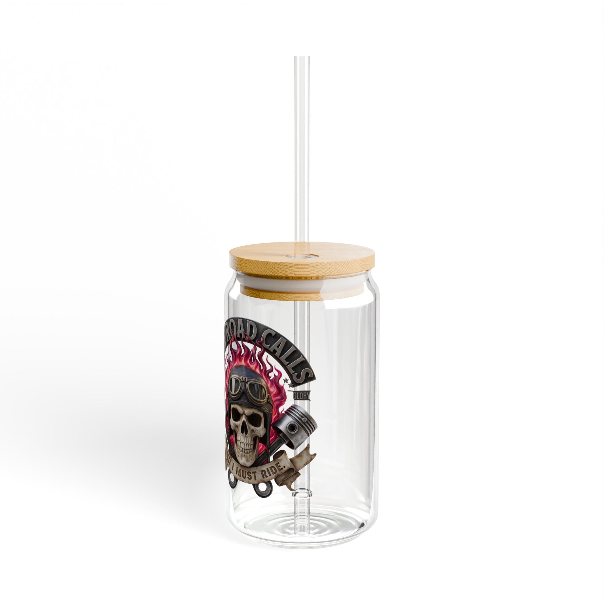 Skull Rider 16oz Glass Sipper with Bamboo Lid — Biker Garage Drinkware