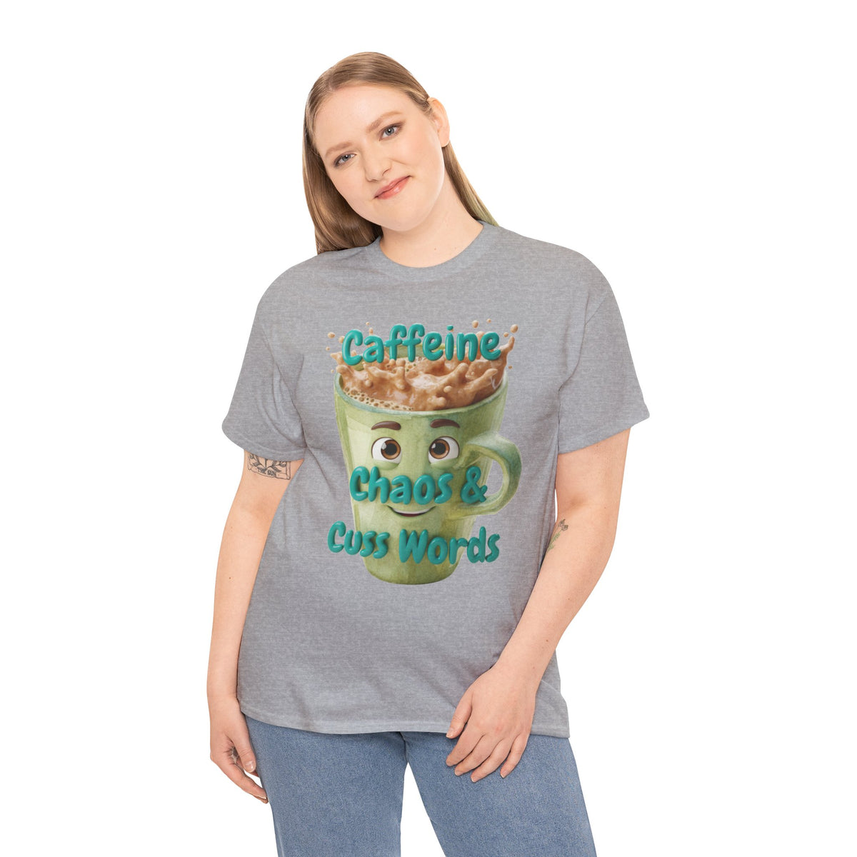 Caffeine, Chaos & Cuss Words Tee — Funny Coffee Mug Graphic T-Shirt