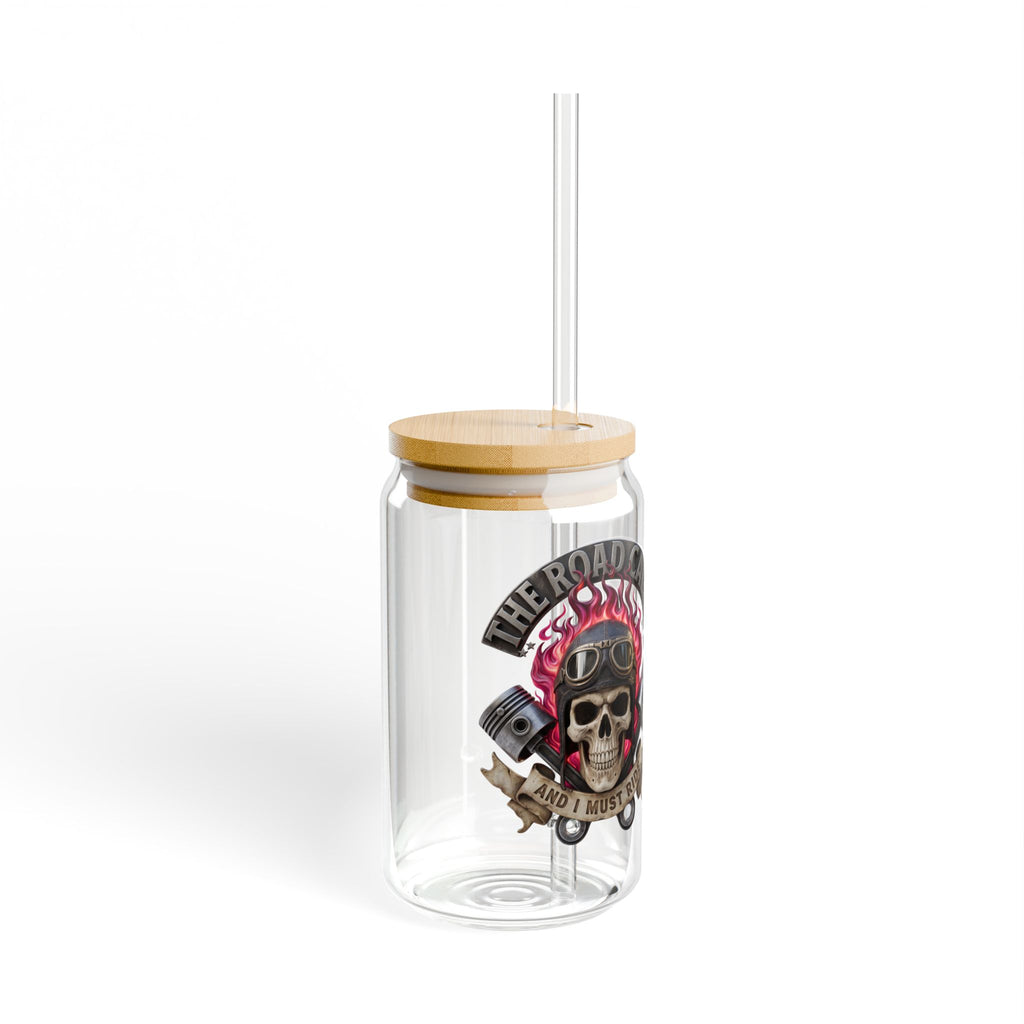 Skull Rider 16oz Glass Sipper with Bamboo Lid — Biker Garage Drinkware
