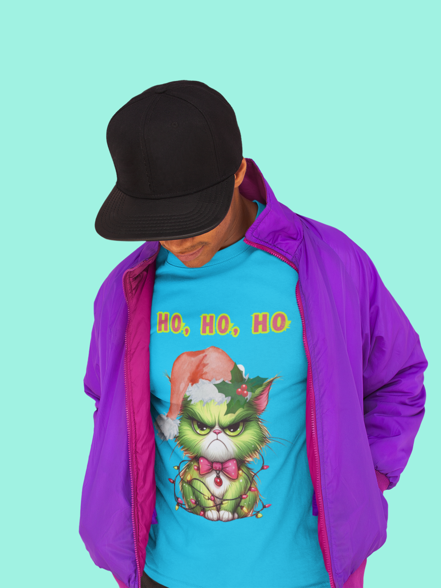 Angry Christmas Cat “Ho Ho Ho” T-Shirt – Bella+Canvas 3001
