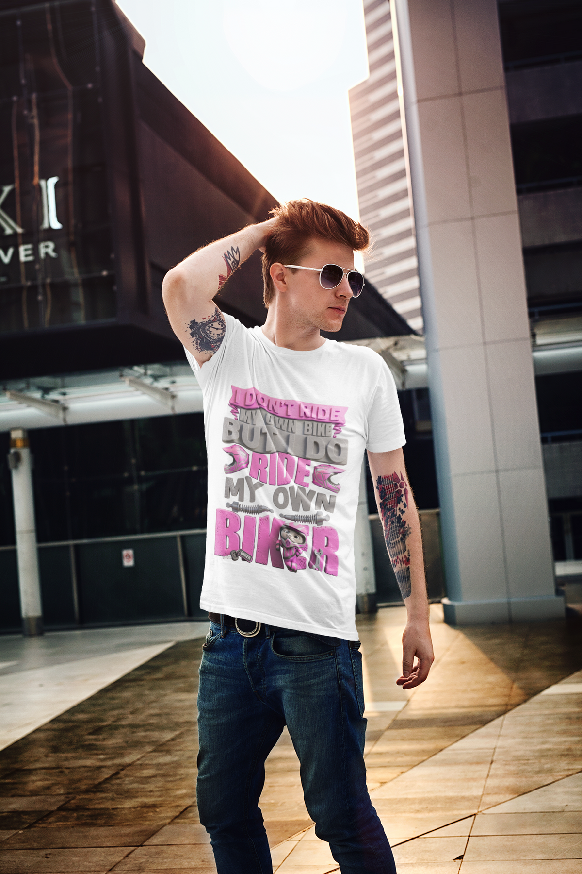 Biker T‑Shirt — "I Don't Ride My Own Bike But I Do Ride My Own Biker" Pink Graphic