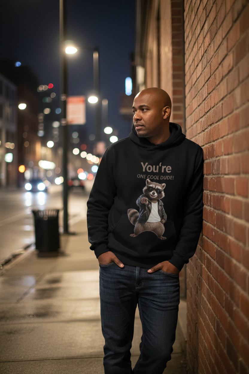 You're One Cool Dude! Raccoon Graphic Hoodie – Funny Back Print Sweatshirt