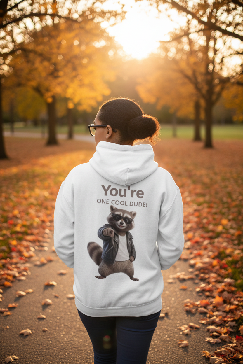 You're One Cool Dude! Raccoon Graphic Hoodie – Funny Back Print Sweatshirt