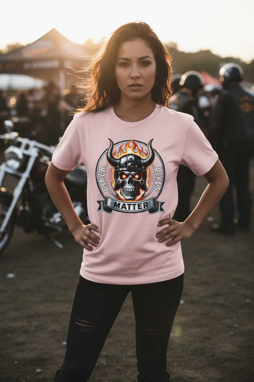 A woman stands outdoors at a motorcycle rally wearing a light pink t-shirt with a graphic of a skull wearing a Viking helmet, flames, and the text 'Viking Spirit Matters Matter'.