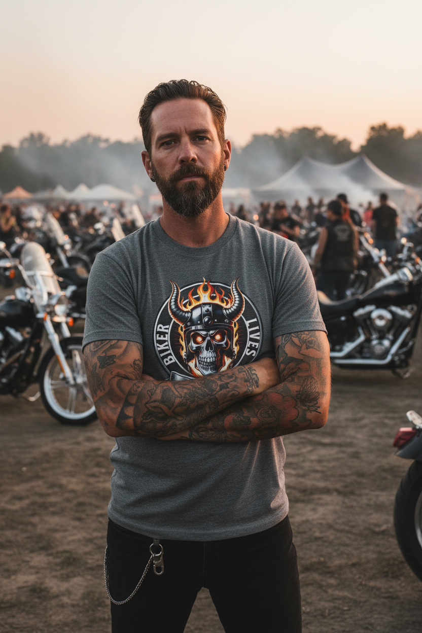 A bearded man with tattooed arms stands at an outdoor motorcycle event wearing a gray crewneck t-shirt with a graphic of a skull wearing a crown and the words 'Biker Lives'.