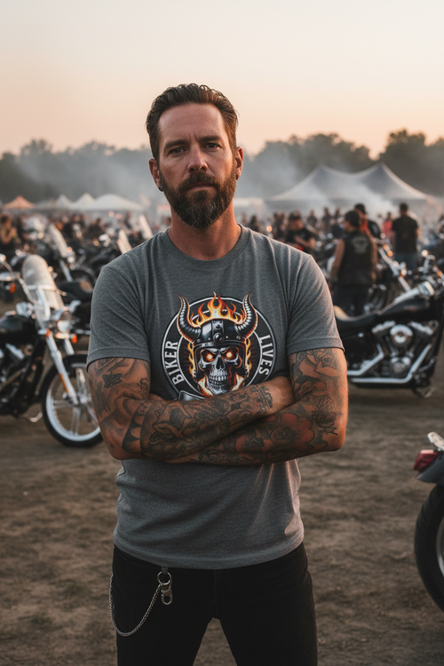 A bearded man with tattooed arms stands at an outdoor motorcycle event wearing a gray crewneck t-shirt with a graphic of a skull wearing a crown and the words 'Biker Lives'.