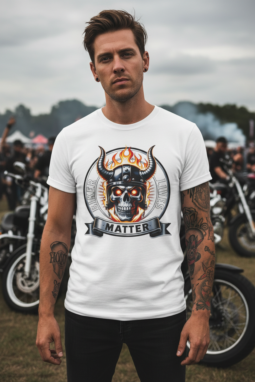 A man wearing a white graphic t-shirt with a skull and horned helmet design and the word 'MATTER' on the front, standing outdoors in front of motorcycles at a rally.