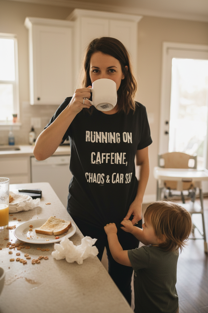 Running on Caffeine, Chaos & Car Seats Mom T-Shirt