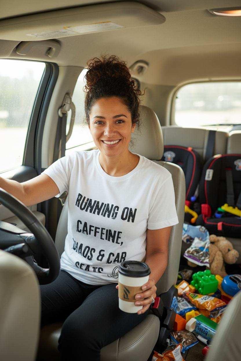 Running on Caffeine, Chaos & Car Seats Mom T-Shirt