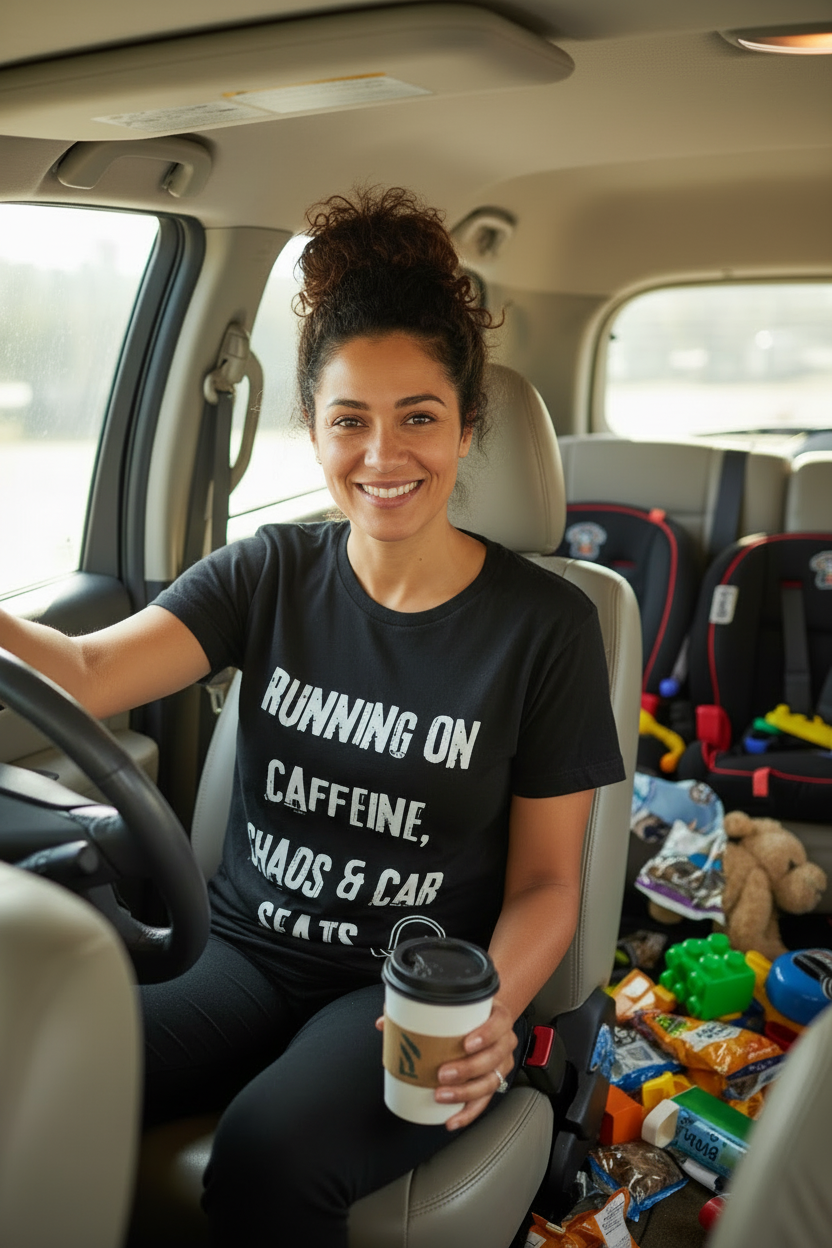 Running on Caffeine, Chaos & Car Seats Mom T-Shirt