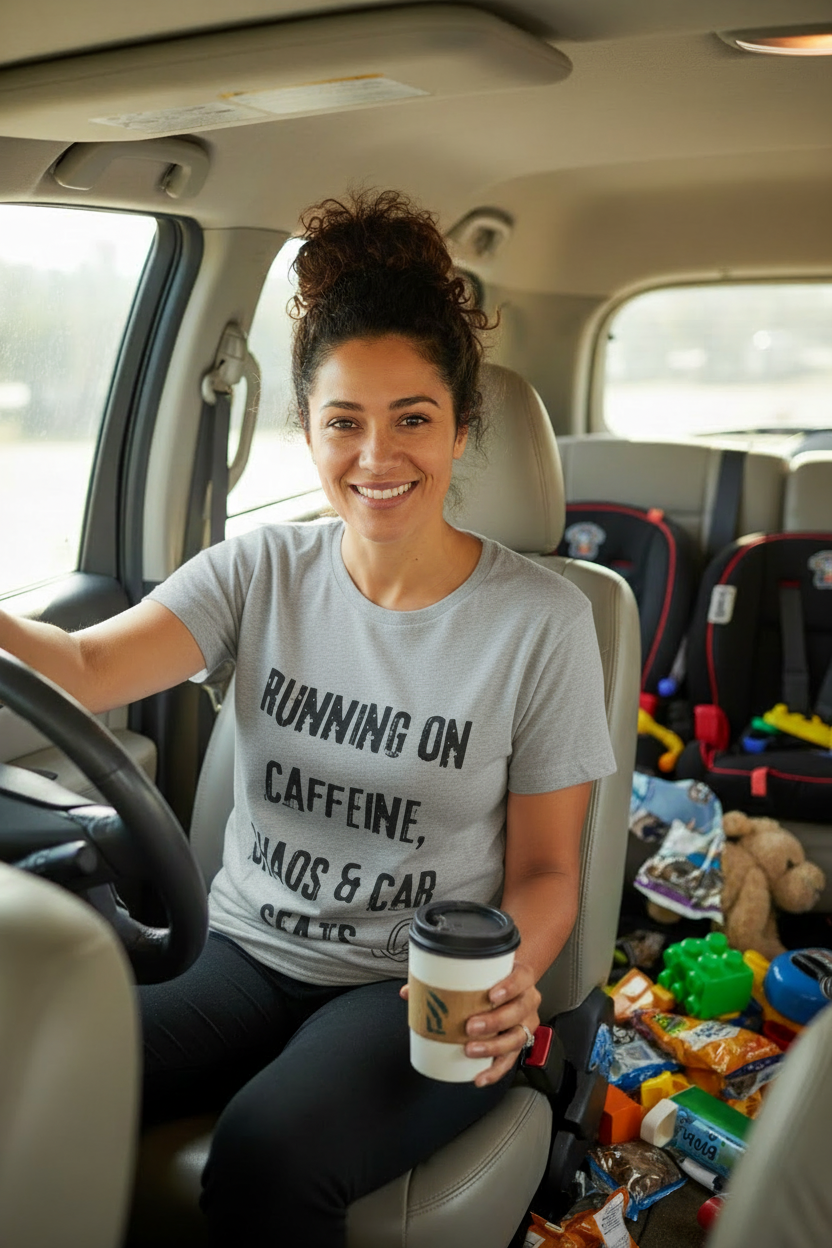 Running on Caffeine, Chaos & Car Seats Mom T-Shirt