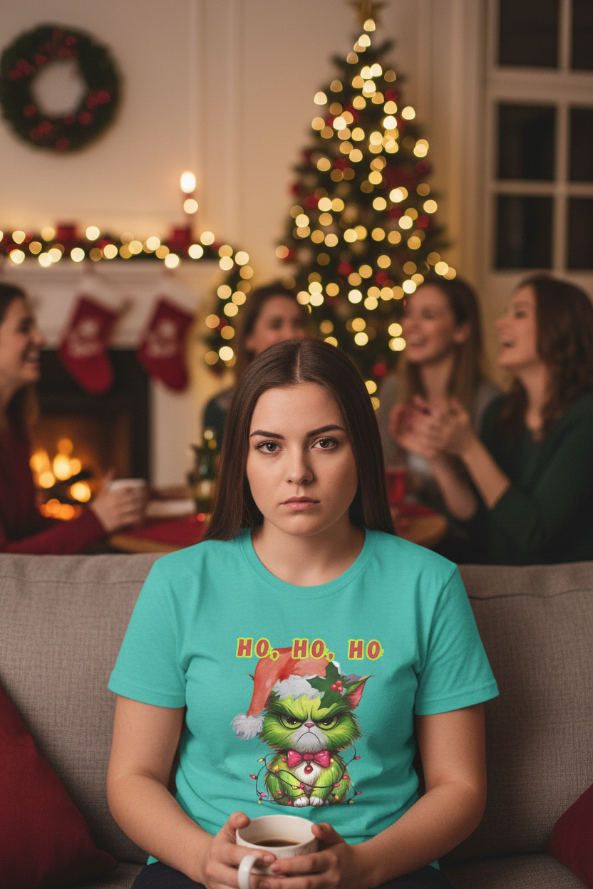 Ho Ho Ho Angry Christmas Cat T-Shirt | Funny Holiday Tee