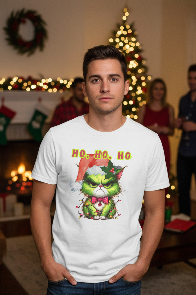 Ho Ho Ho Angry Christmas Cat T-Shirt | Funny Holiday Tee
