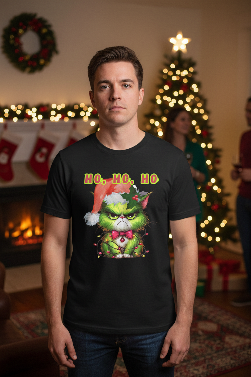 Ho Ho Ho Angry Christmas Cat T-Shirt | Funny Holiday Tee