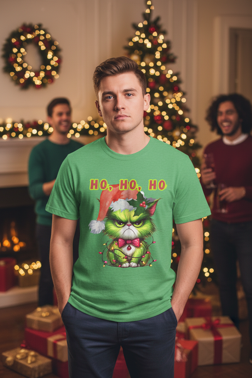 Ho Ho Ho Angry Christmas Cat T-Shirt | Funny Holiday Tee
