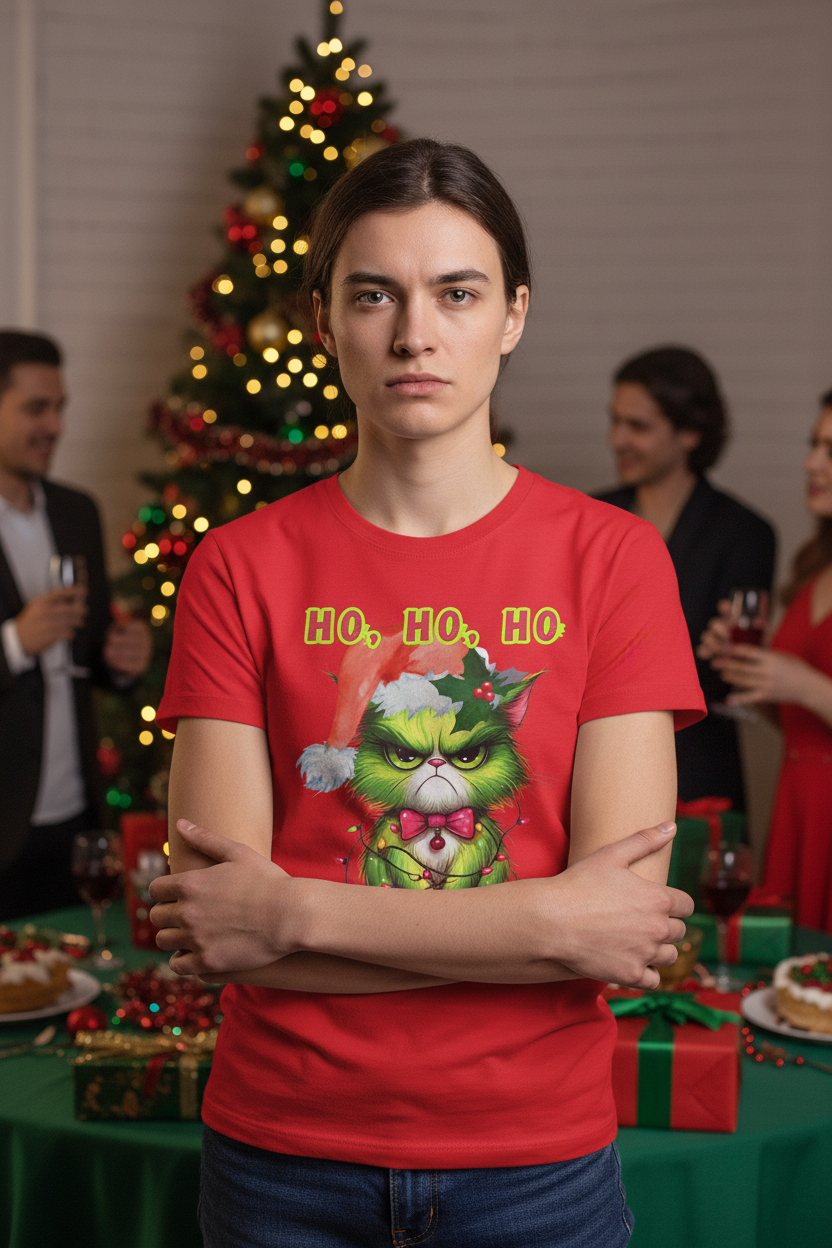 Ho Ho Ho Angry Christmas Cat T-Shirt | Funny Holiday Tee