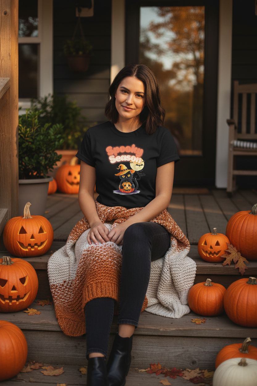 Spooky Season Black Cat Halloween T-Shirt | Witch Hat Graphic Tee