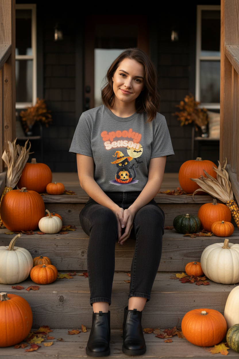 Spooky Season Black Cat Halloween T-Shirt | Witch Hat Graphic Tee