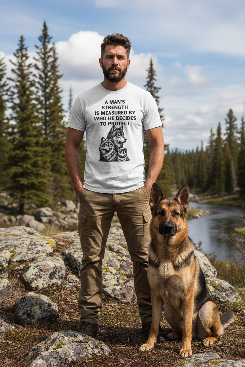 A Man's Strength Dog Lover Quote T-Shirt | Animal Protection Graphic Tee