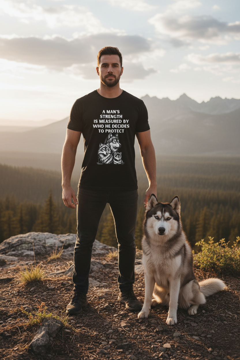 A Man's Strength Dog Lover Quote T-Shirt | Animal Protection Graphic Tee