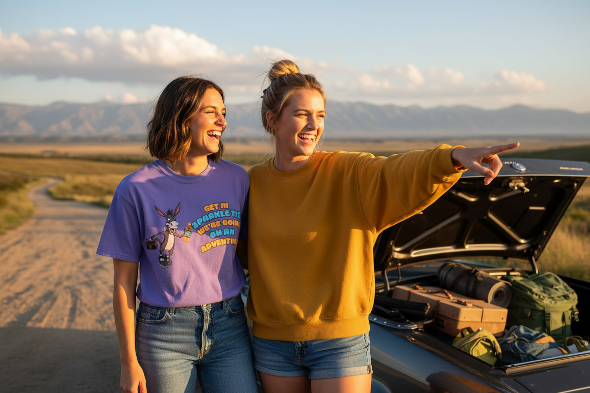 Get In Sparkle Tits We're Going on an Adventure Funny Graphic T-Shirt