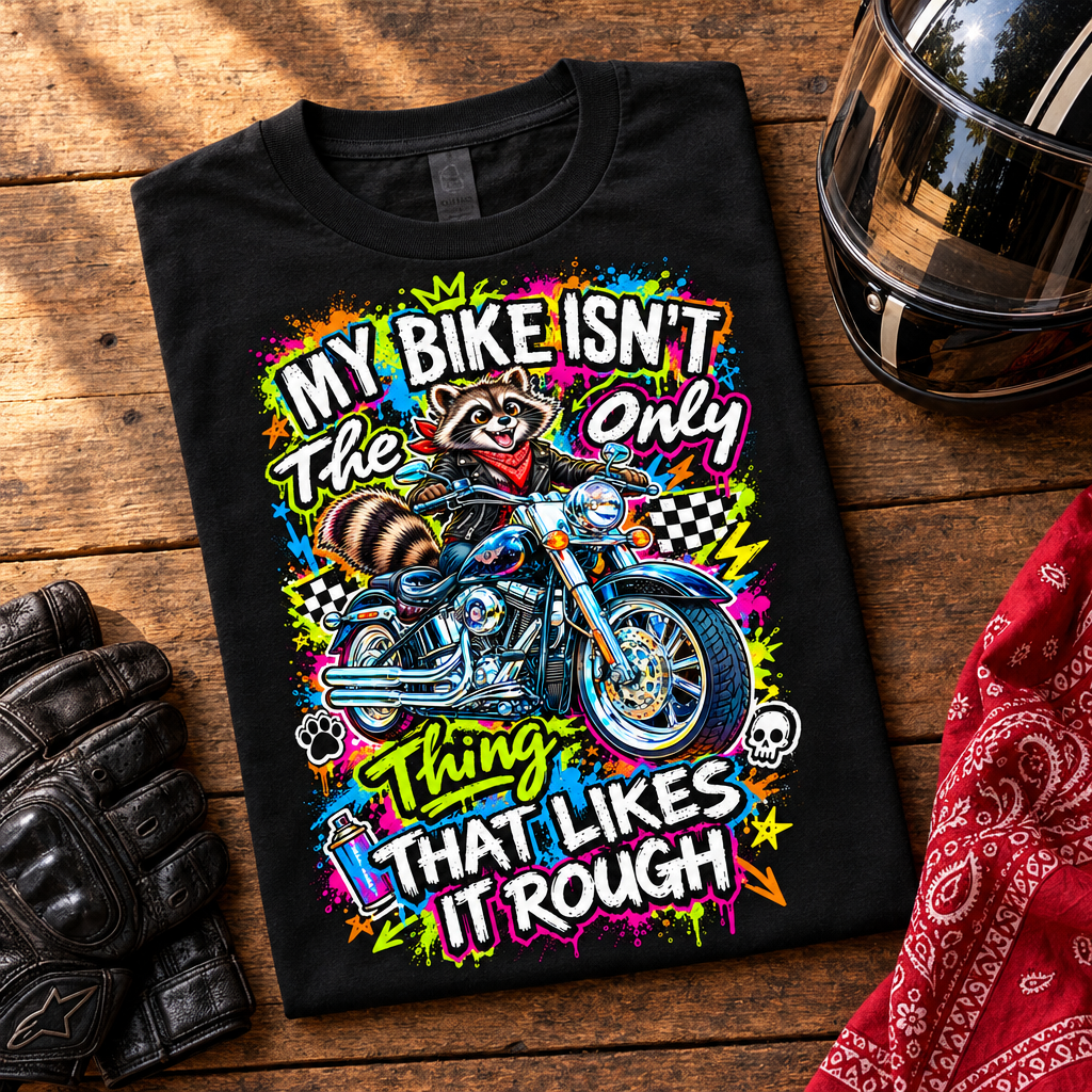 Motorcycle Raccoon Graphic Tee — Retro Biker Ride Design