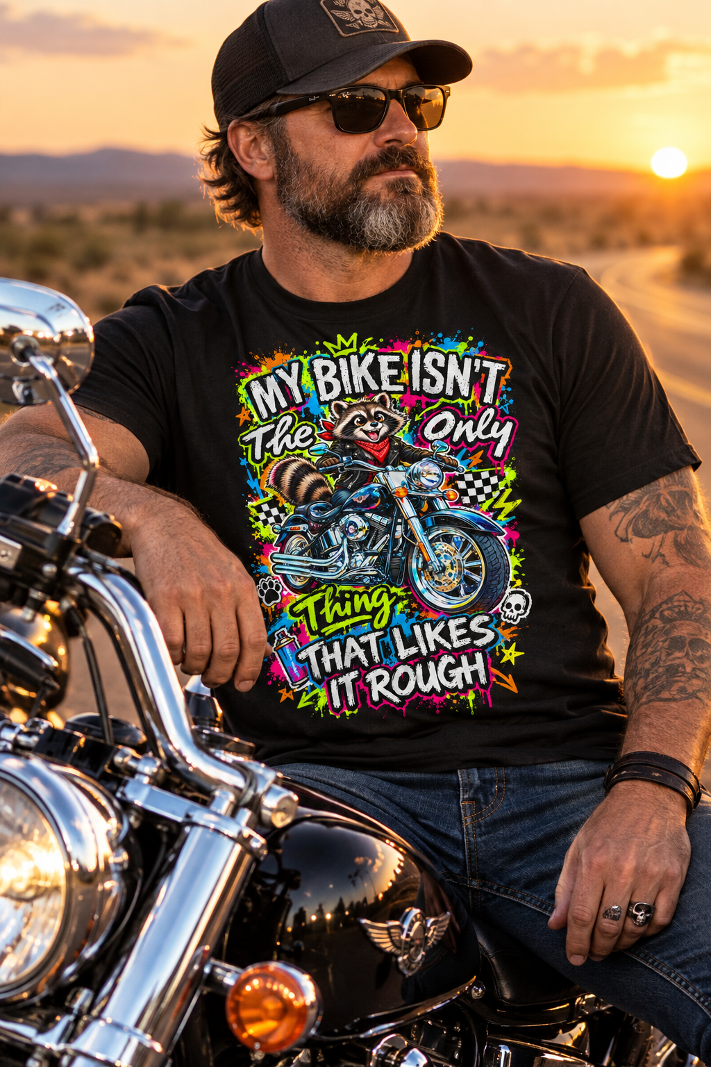 Motorcycle Raccoon Graphic Tee — Retro Biker Ride Design
