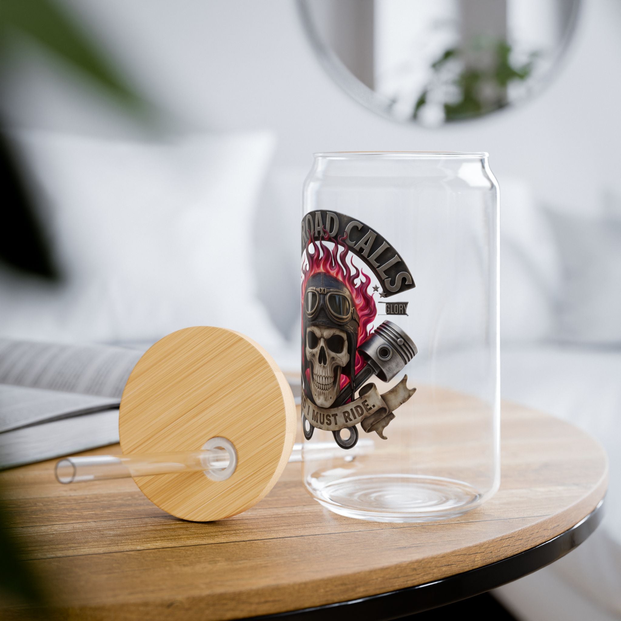 Skull Rider 16oz Glass Sipper with Bamboo Lid — Biker Garage Drinkware