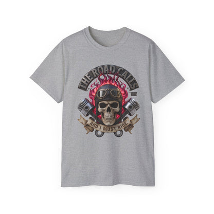 Motorcycle Skull T-Shirt — "The Road Calls and I Must Ride" Biker Tee