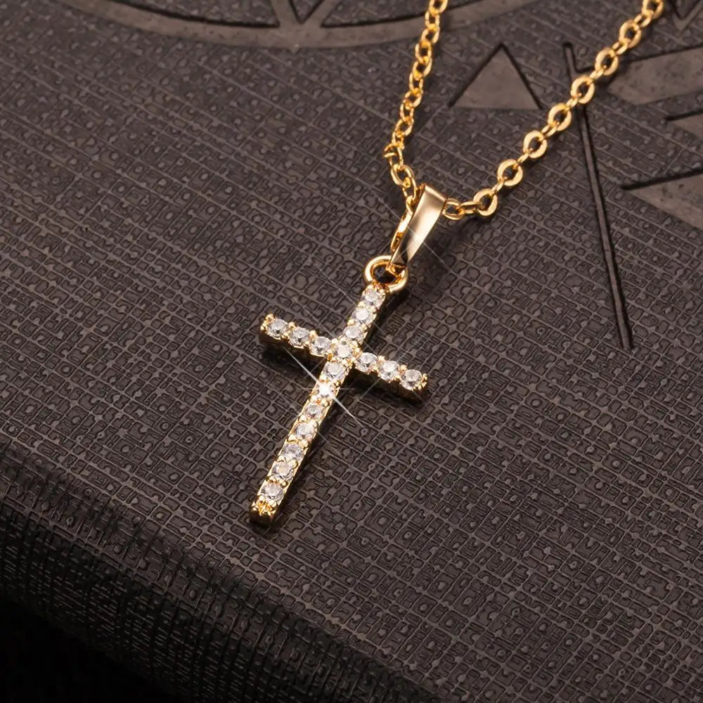 Gold & Black Crystal Cross Pendant Necklace – Unisex