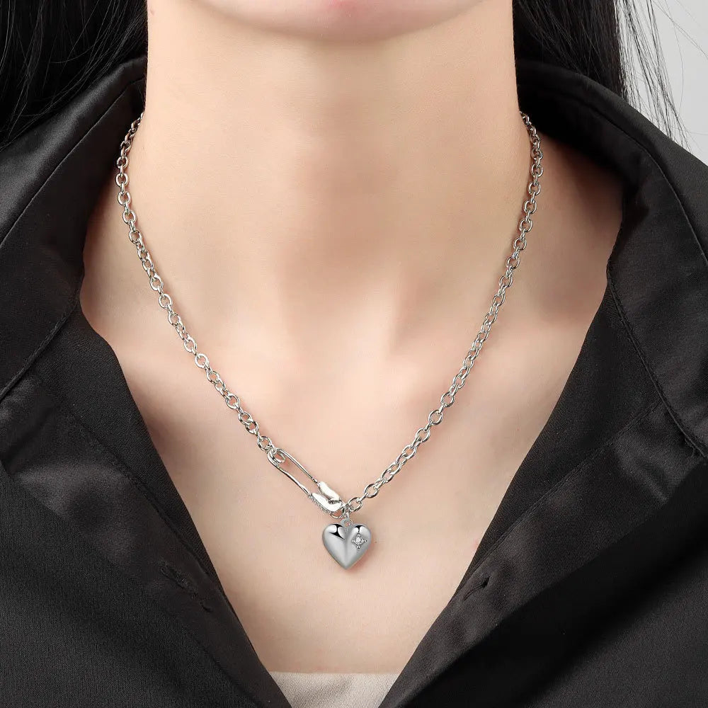 BFCLUB Silver Heart Clip Chain Choker Necklace – Trendy O‑Chain Gift