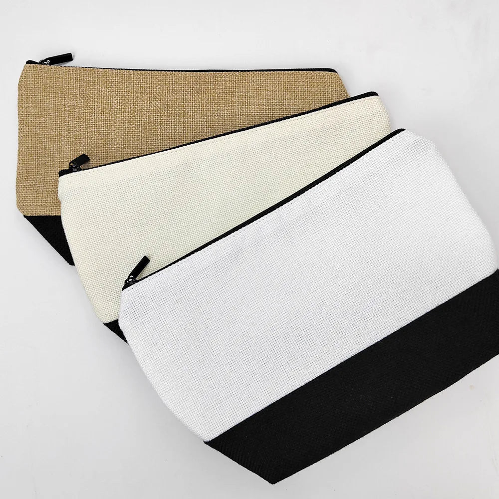 Sublimation Blank Linen Makeup Bag with Black Bottom | DIY Heat Transfer Cosmetic Pouch & Pencil Case