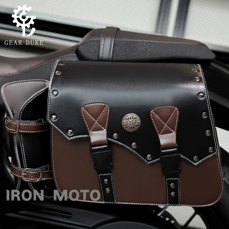 Retro PU Leather Motorcycle Saddlebags (Pair) – Waterproof Throwover Side Bags in Brown