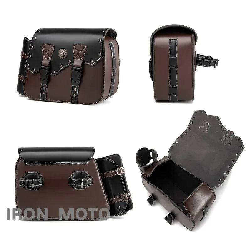 Retro PU Leather Motorcycle Saddlebags (Pair) – Waterproof Throwover Side Bags in Brown