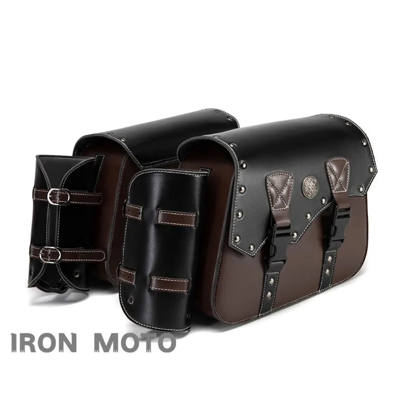 Retro PU Leather Motorcycle Saddlebags (Pair) – Waterproof Throwover Side Bags in Brown