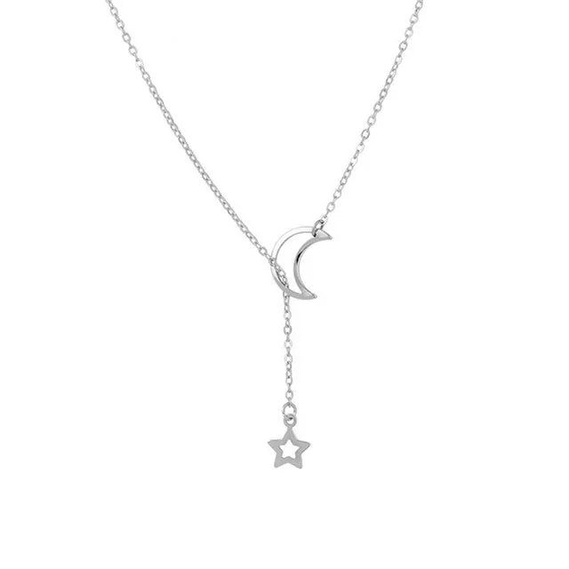 Simple Moon & Star Pendant Choker Necklace – Gold Tone