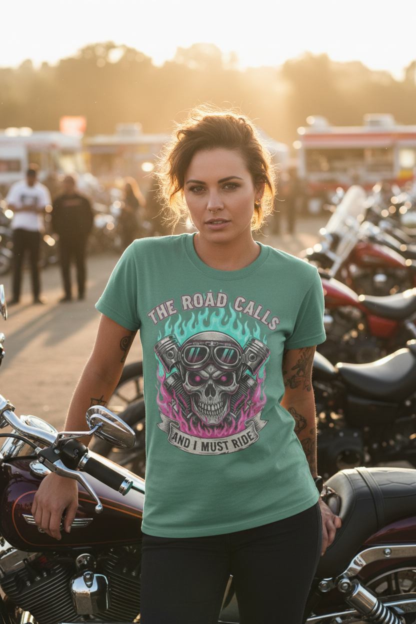The Road Calls and I Must Ride Neon Biker Graphic T-Shirt