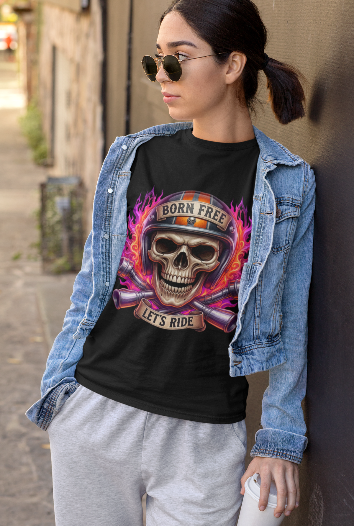 Born Free T-Shirt – Skull & Flames Biker Graphic Tee | Motorcycle Rider Gift