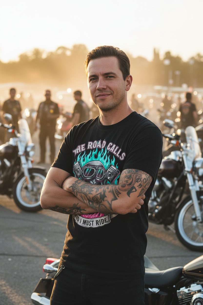 The Road Calls and I Must Ride Neon Biker Graphic T-Shirt