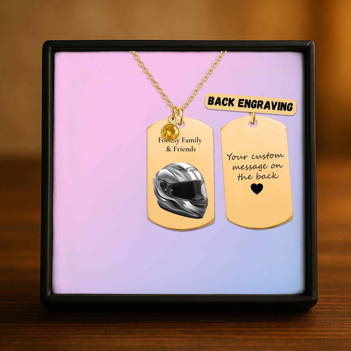 Tag Necklace with Birthstone Helmet – Personalized Laser Engraved Gift for Friends & Family | 18K Gold, Rose Gold & Steel