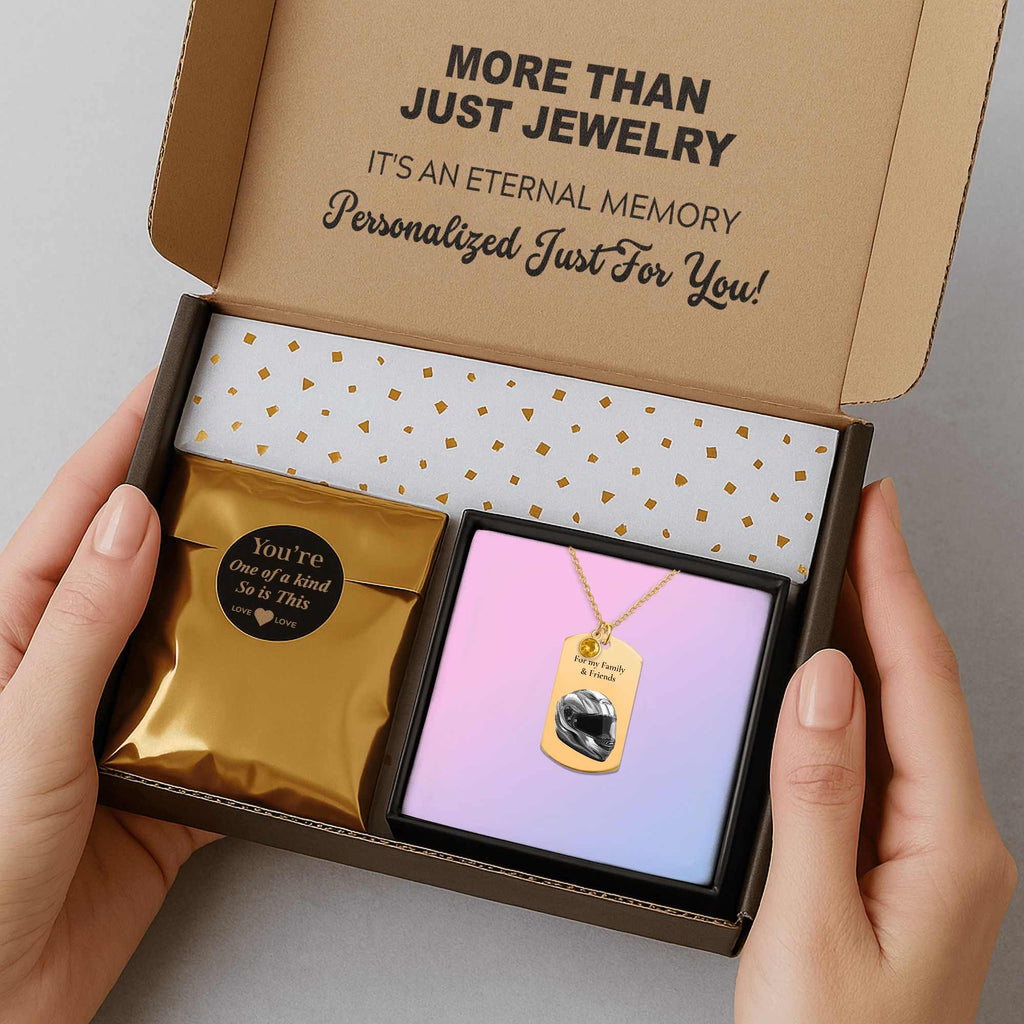 Tag Necklace with Birthstone Helmet – Personalized Laser Engraved Gift for Friends & Family | 18K Gold, Rose Gold & Steel