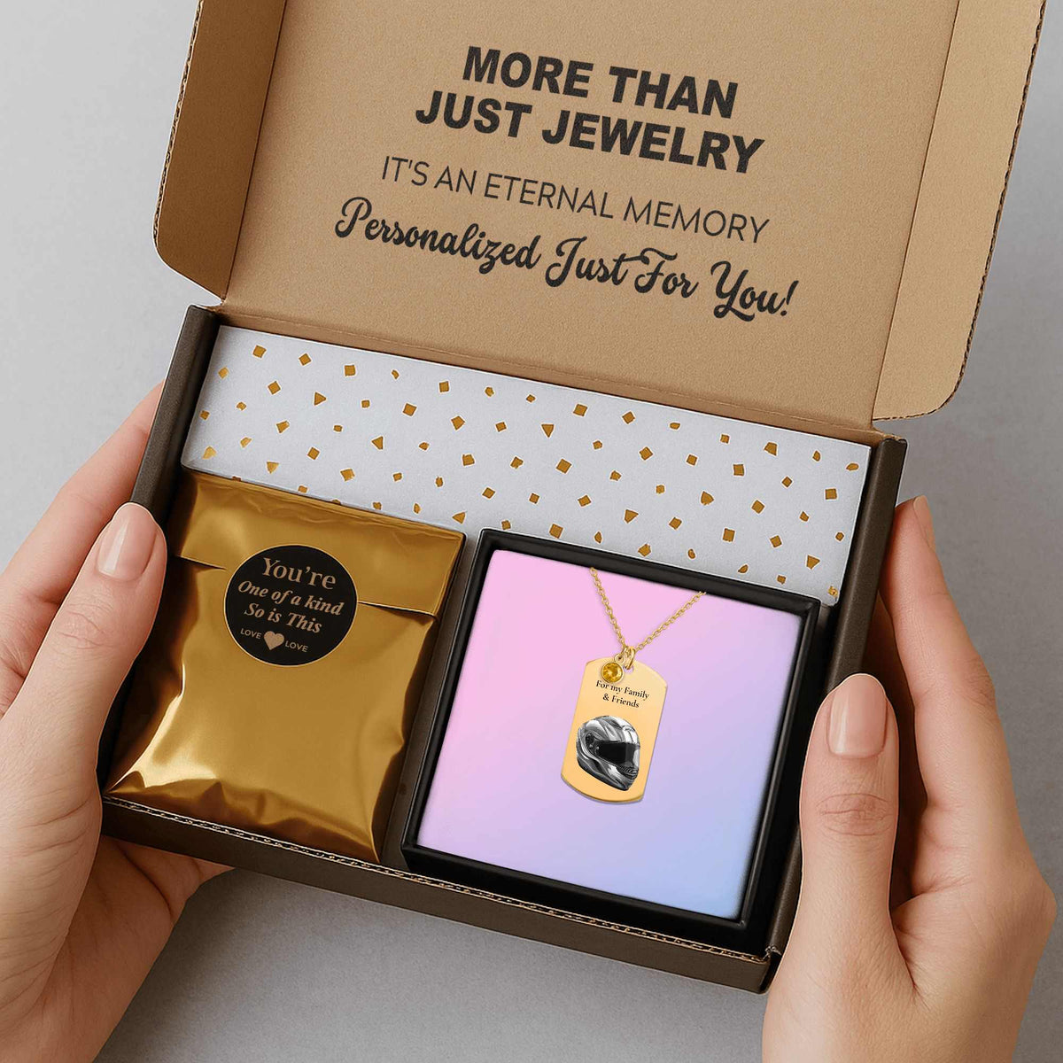 Tag Necklace with Birthstone Helmet – Personalized Laser Engraved Gift for Friends & Family | 18K Gold, Rose Gold & Steel