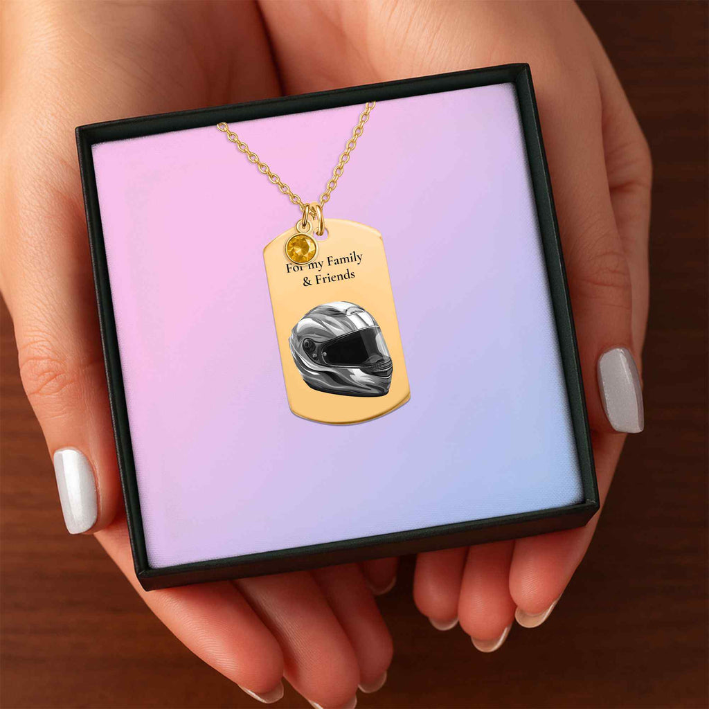 Tag Necklace with Birthstone Helmet – Personalized Laser Engraved Gift for Friends & Family | 18K Gold, Rose Gold & Steel