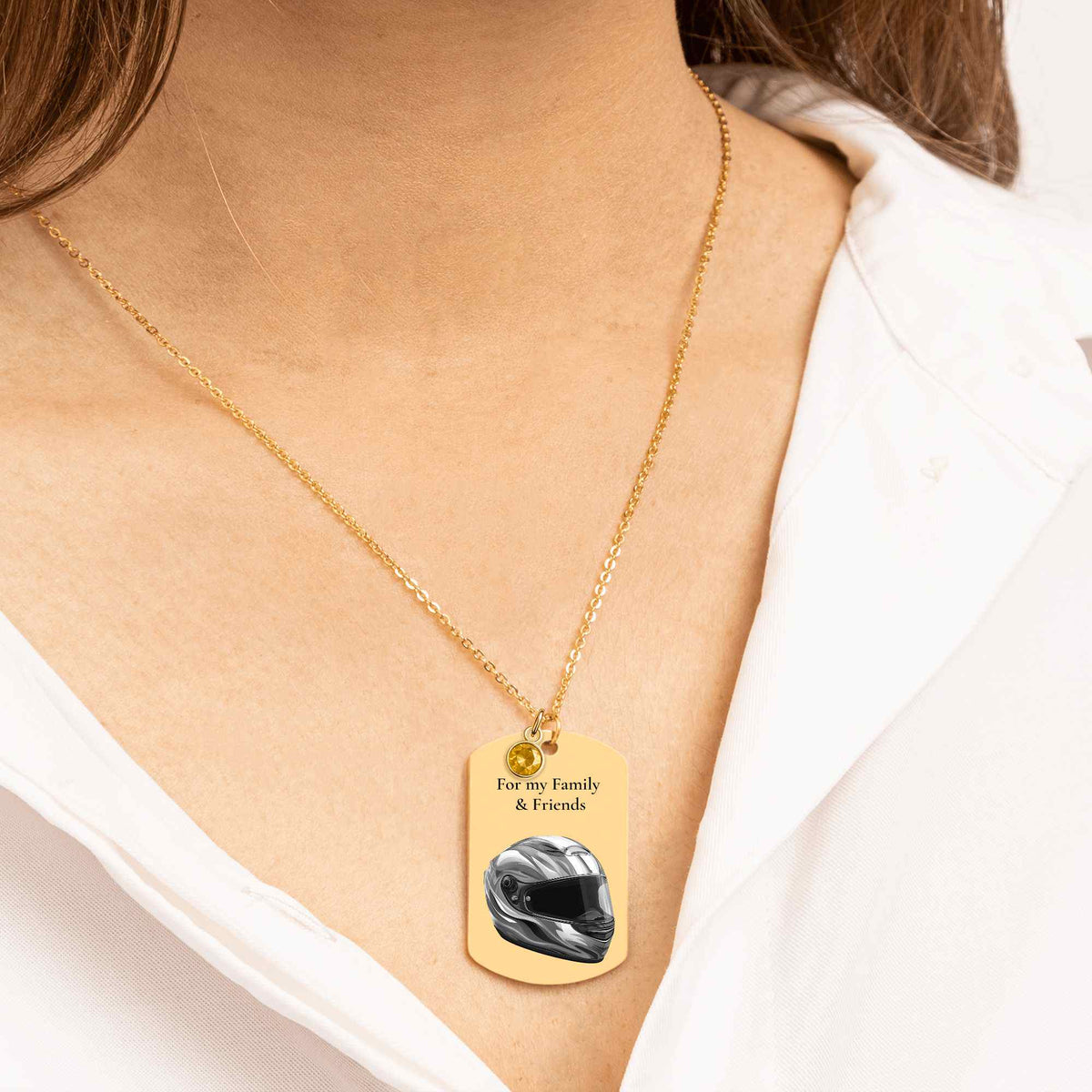 Tag Necklace with Birthstone Helmet – Personalized Laser Engraved Gift for Friends & Family | 18K Gold, Rose Gold & Steel