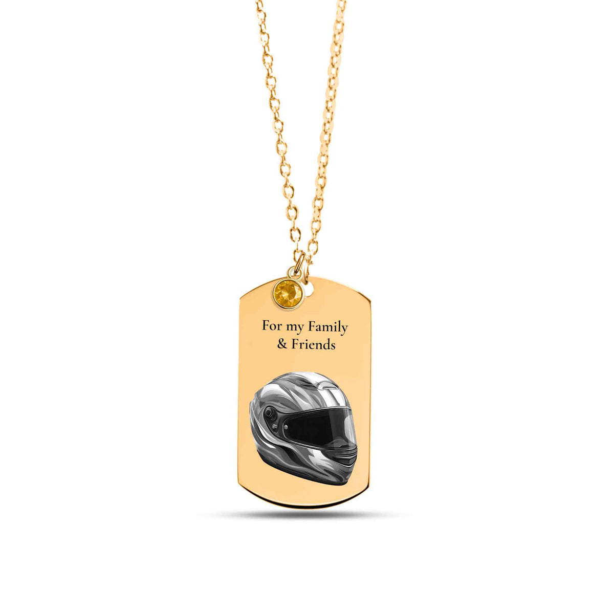 Tag Necklace with Birthstone Helmet – Personalized Laser Engraved Gift for Friends & Family | 18K Gold, Rose Gold & Steel