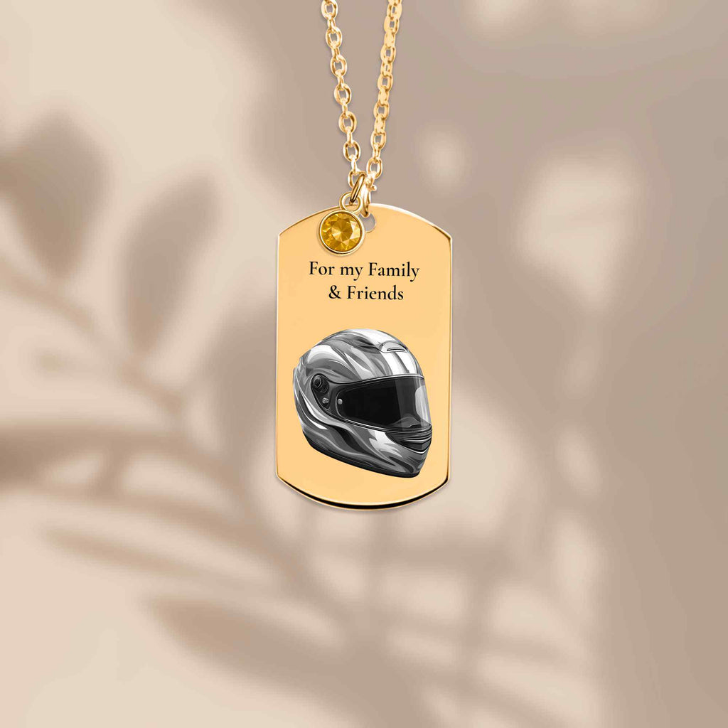 Tag Necklace with Birthstone Helmet – Personalized Laser Engraved Gift for Friends & Family | 18K Gold, Rose Gold & Steel