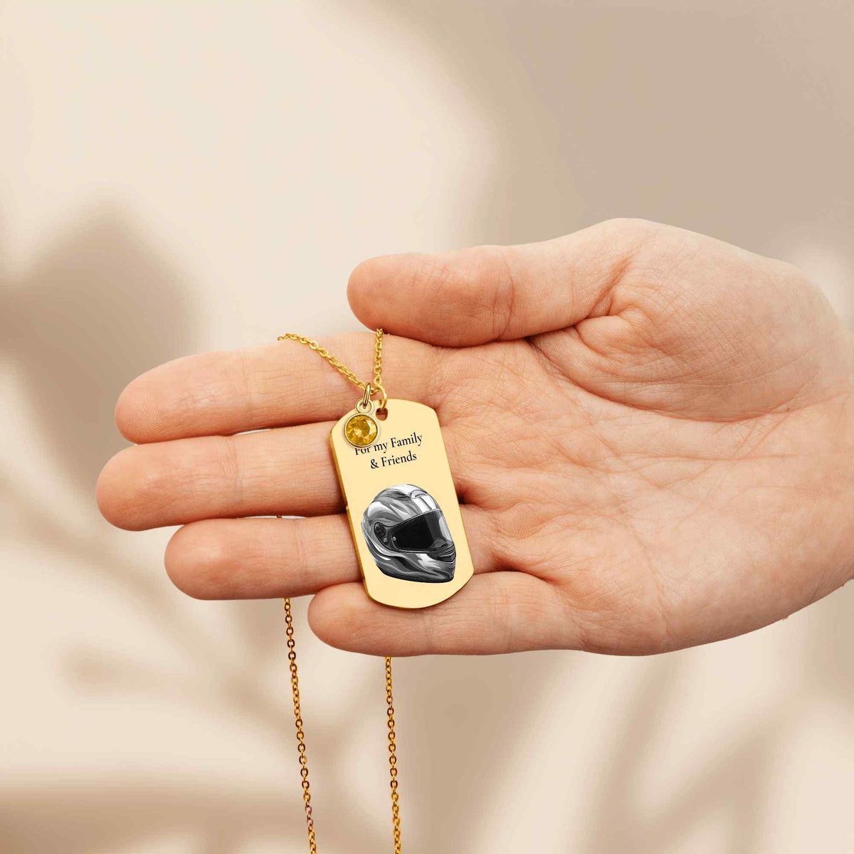 Tag Necklace with Birthstone Helmet – Personalized Laser Engraved Gift for Friends & Family | 18K Gold, Rose Gold & Steel