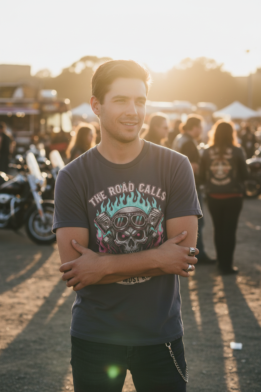 The Road Calls and I Must Ride Neon Biker Graphic T-Shirt