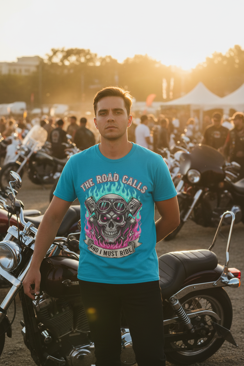 The Road Calls and I Must Ride Neon Biker Graphic T-Shirt